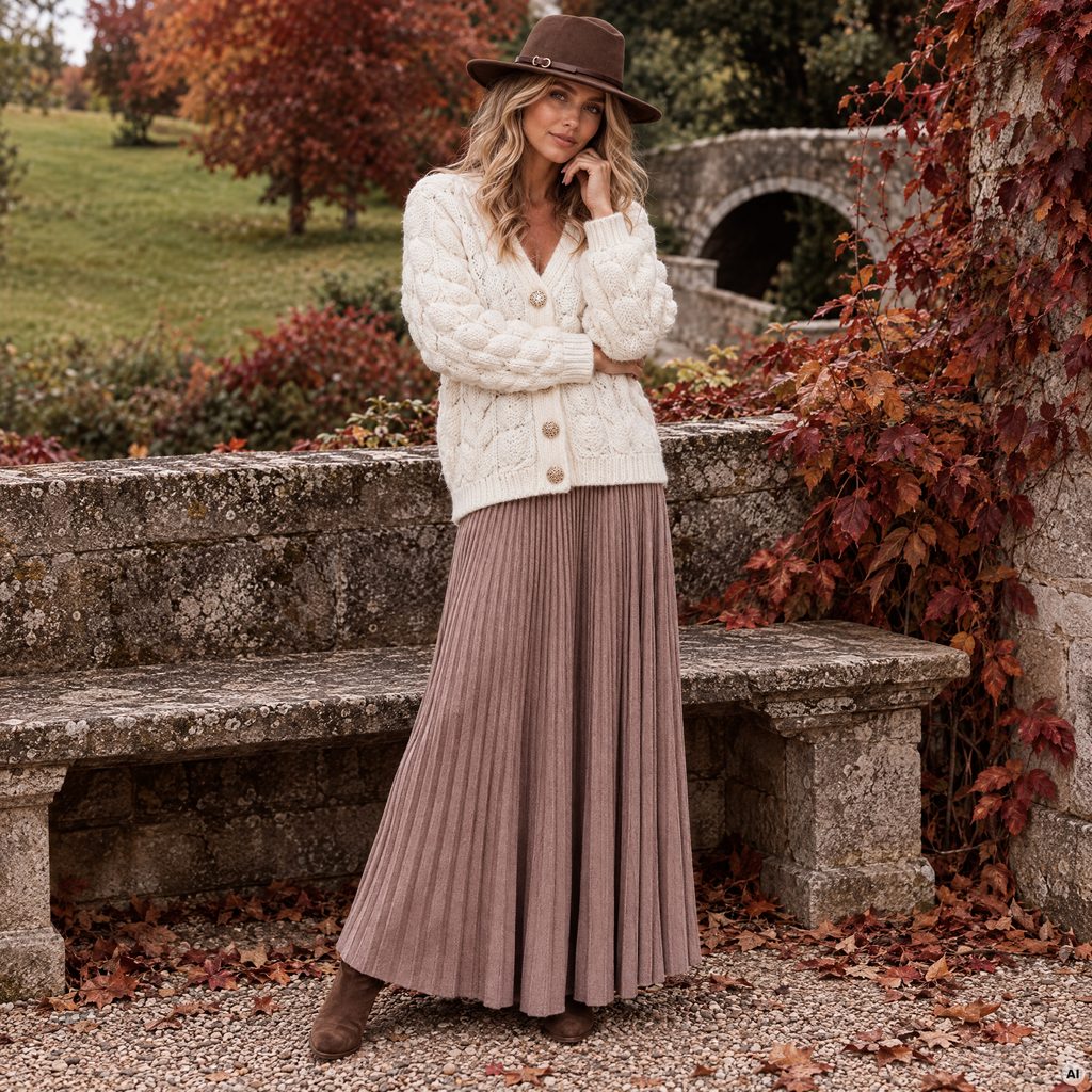 AmandaB fall collection knit and skirt outdoors