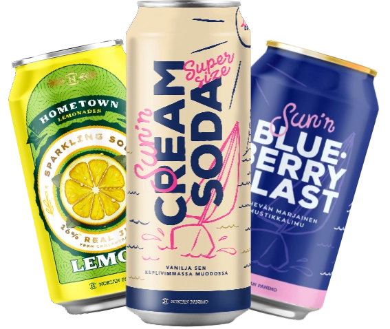 Tre färgglada läskburkar från Nokian Panimo: Hometown Lemonades och Sun’n